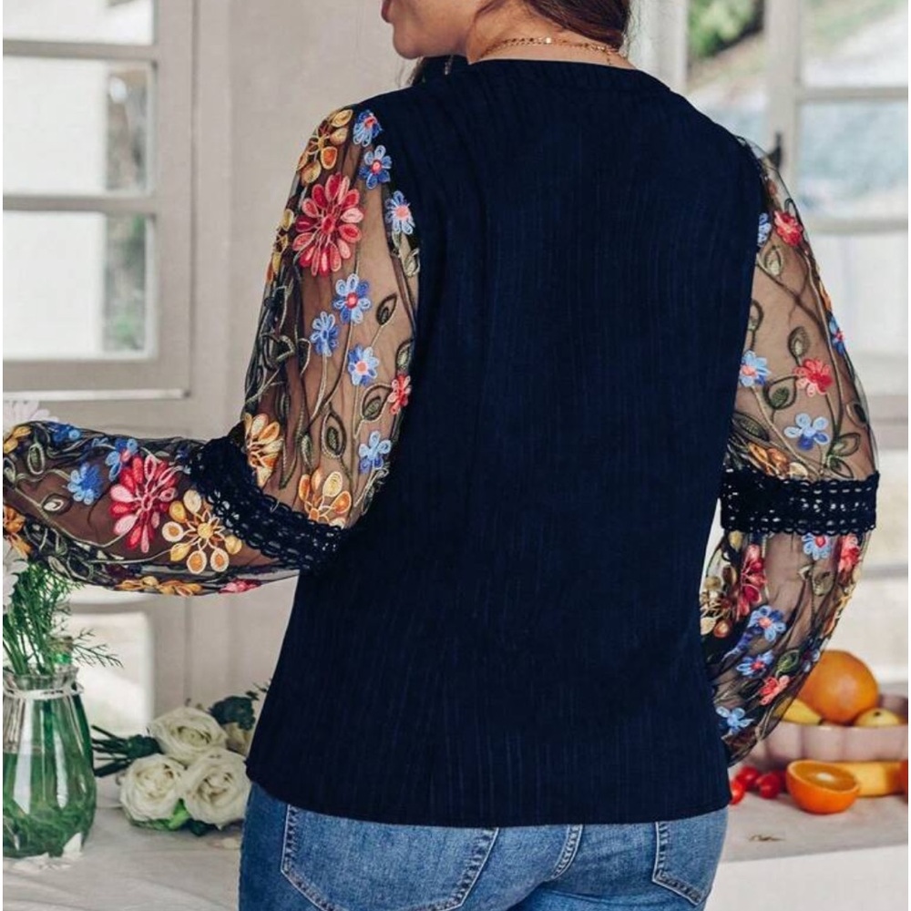 Boho Sheer Mesh Floral Embroidered Button Down Up Shirt Top Blouse Black - Picture 3 of 8